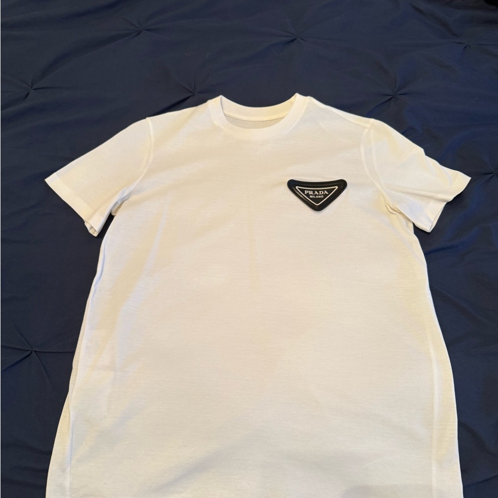 Prada White Tee with Black Triangular Logo Patch
